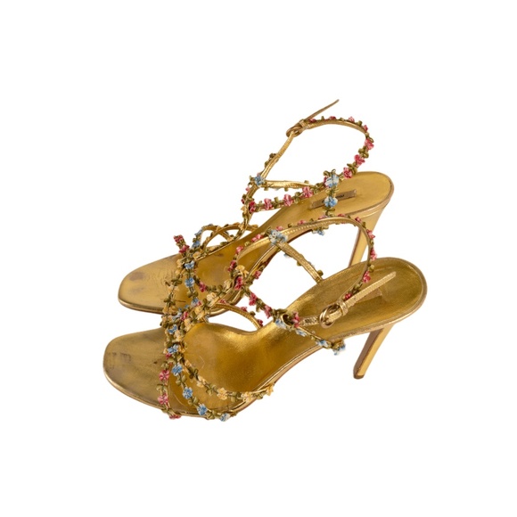 Miu Miu S/S 2004 Floral Gold Leather T-Strap Sandal Heels - Picture 4 of 6